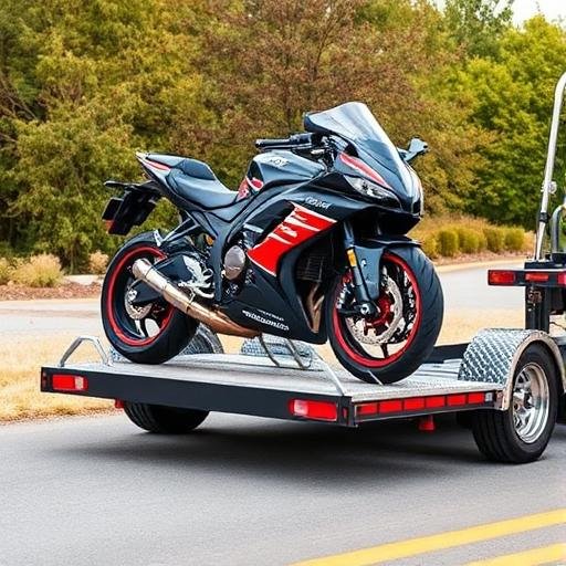 Motorcycle secured upright in a wheel chock with soft straps on a flatbed tow truck in Toronto